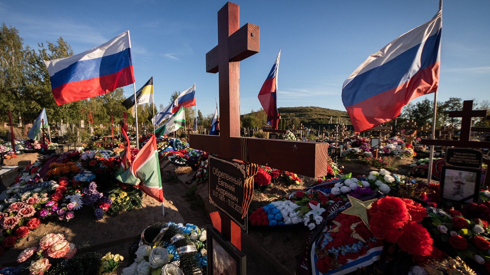 The graves of those killed during the war in Ukraine, at the military site of the Southern Cemetery, located on the southern outskirts of St. Petersburg.