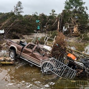 Flood waters left debris including vehicles and equipment scattered in Louise Hays Park on July 5, 2025 in Kerrville, Texas. Heavy rainfall caused flooding along the Guadalupe River in central Texas with multiple fatalities reported