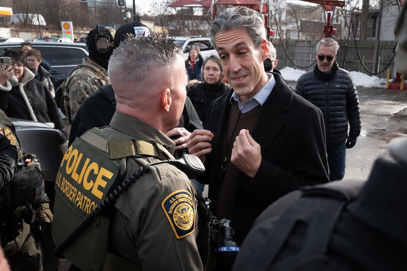 U.S. Border Patrol Chief Gregory Bovino is confronted by Evanston Mayor and congressional candidate Daniel Biss