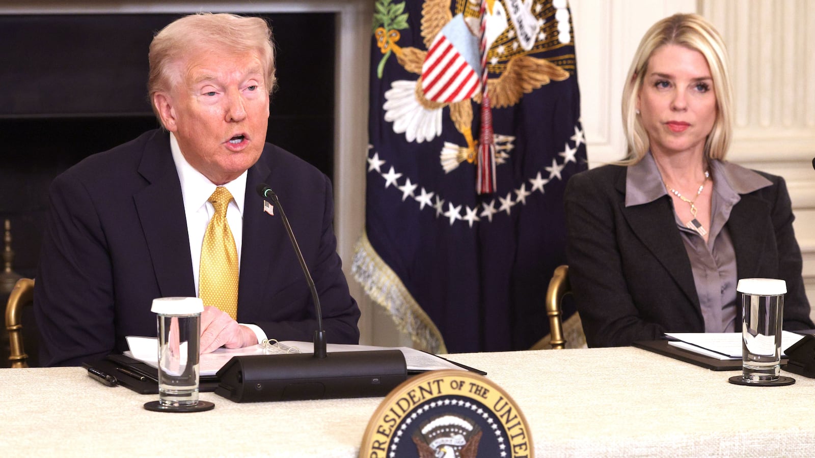 U.S. President Donald Trump, joined by Attorney General Pam Bondi