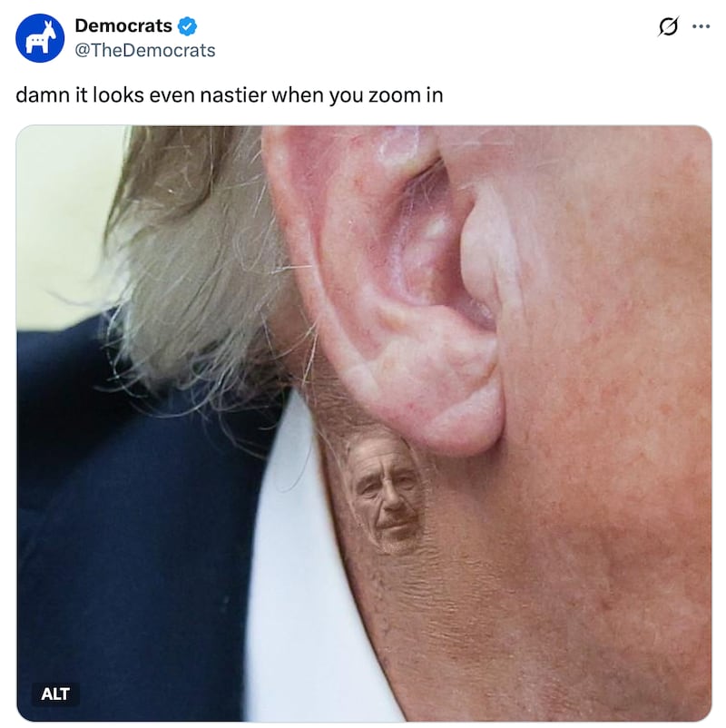 The Democrats photoshop Jeffrey Epstein's face onto Donald Trump's troublesome neck.