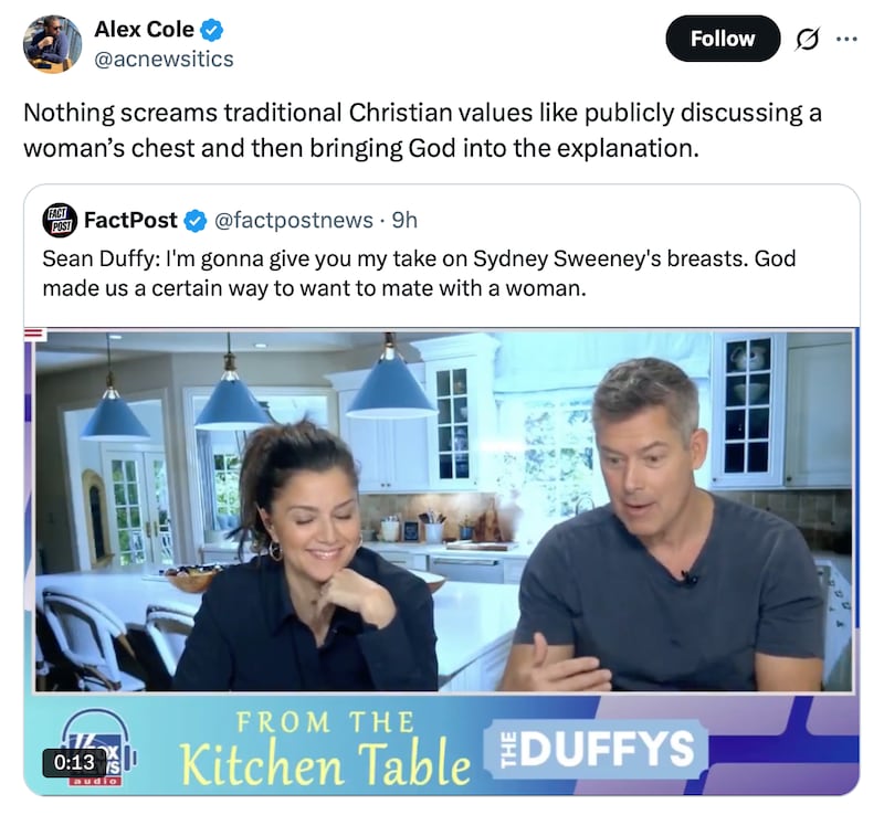 Journalist Alex Cole calls out Sean Duffy's comments on Sydney Sweeney's breasts.