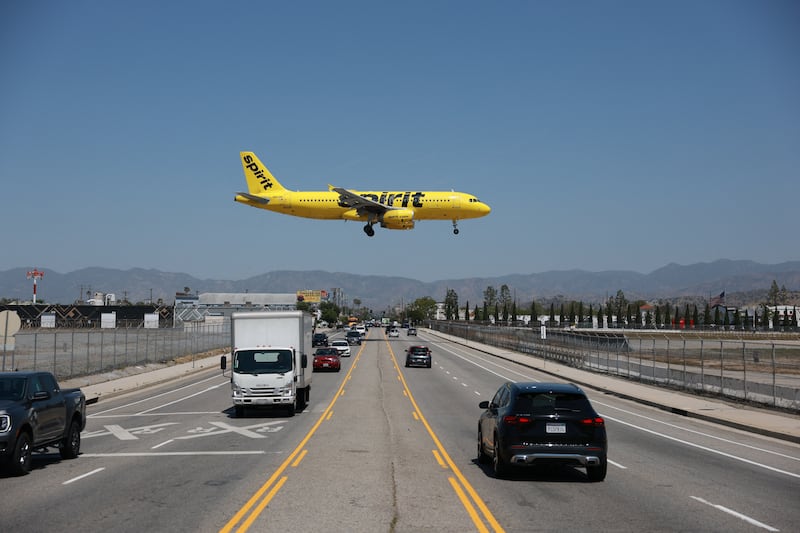 A Spirit Airlines Airbus A320 lands at Hollywood Burbank Airport on April 17, 2026. Spirit Airlines has been facing financial troubles, while rising jet fuel due to the war in Iran has amplified their worries. (Photo by Patrick T. Fallon / AFP via Getty Images)