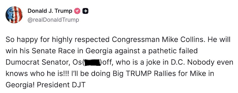 Screenshot of Trump's Truth Social post.