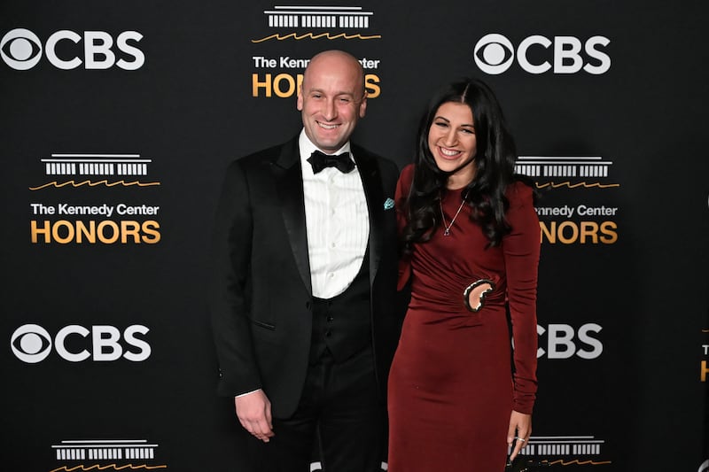White House Deputy Chief of Staff Stephen Miller and his wife Katie Miller arrive for the 48th Kennedy Center Honors gala on December 7.