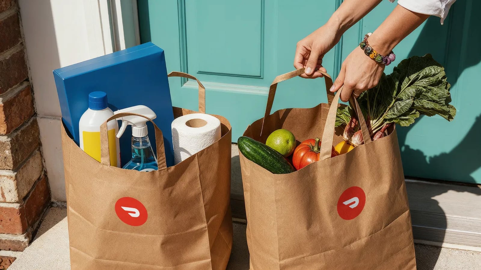 DoorDash delivery bags with groceries and household essentials placed at a front door.