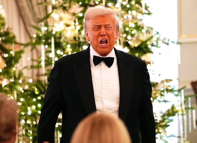 President Donald Trump delivers remarks at the State Department Kennedy Center Honors medal presentation dinner at the U.S. Department of State on December 06, 2025 in Washington, DC.