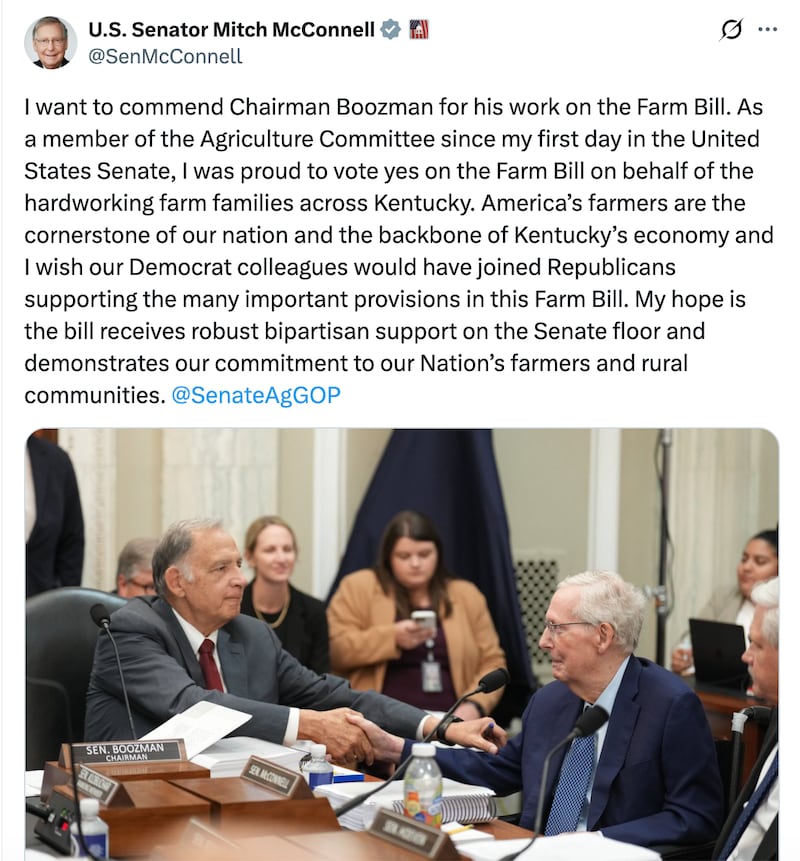 McConnell's post on Wednesday included more words than his entire appearance in public on Capitol Hill that day where he ingored questions and did not speak in the meeting beyond an "aye" vote.