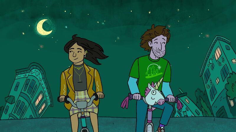 Gina Rodriguez as Baby Feldstein and Max Greenfield as Yoshi Schwooper in Long Story Short.