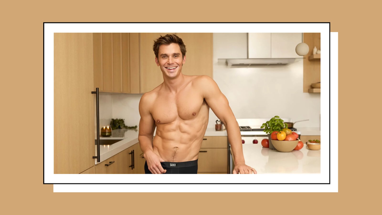 Antoni Porowski wears SAXX Underwear in a kitchen.
