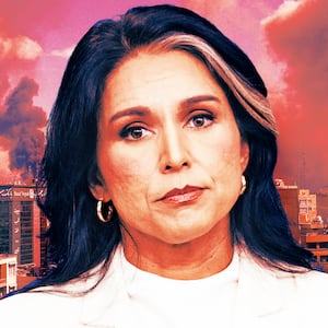 A photo illustration of a silent Tulsi Gabbard in front of US bombing strikes of Tehran, Iran.