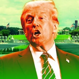 A photo illustration of Donald Trump and the Reflecting Pool in DC.