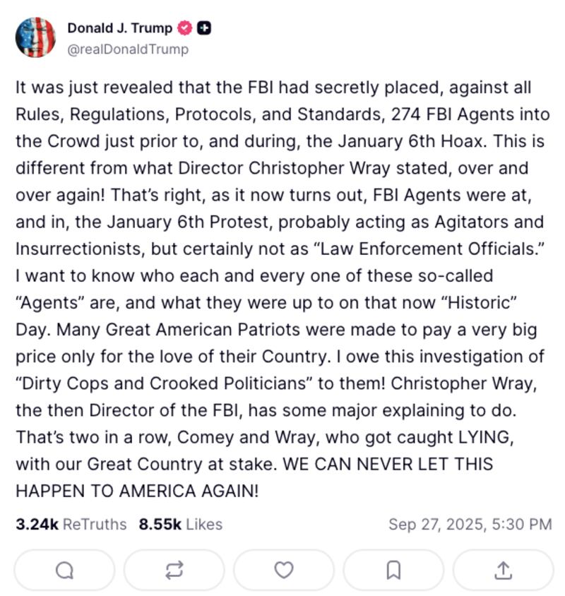 Trump described James Comey and Christopher Wray as 'two in a row' of FBI Directors 'caught lying.'