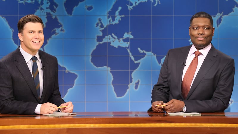 Anchor Colin Jost and anchor Michael Che during Weekend Update on Saturday, November 8, 2025.