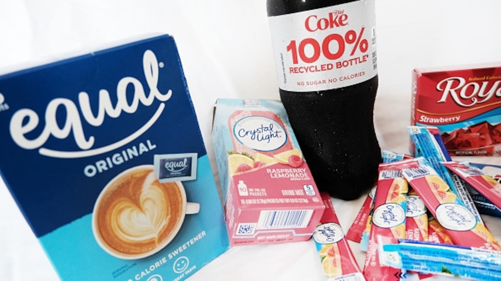 NEW YORK, NEW YORK - JULY 14: In this photo illustration, food products that contain the artificial sweetener aspartame including Equal, Crystal Light, Diet Coke, and Royal Jello are displayed on July 14, 2023 in New York City. The World Health Organization classified the sugar substitute aspartame, which is used in numerous food products, as a possible carcinogen, but the group said it is safe for people to consume within the recommended daily limit. (Photo illustration by Spencer Platt/Getty Images)