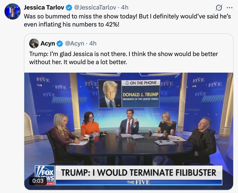 Jessica Tarlov claps back to President Trump on social media.
