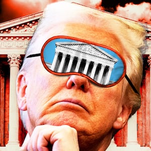 Donald Trump in front of the Supreme Court wearing a sleep mask