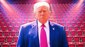 A photo illustration of Donald Trump in an empty stadium.