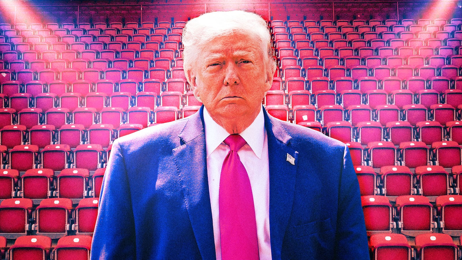 A photo illustration of Donald Trump in an empty stadium.