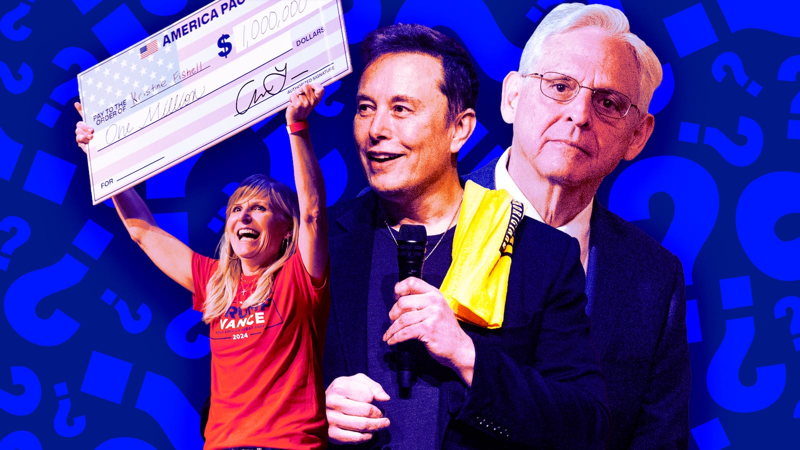 A photo illustration of a Trump supporter being given money by Elon Musk, and Merrick Garland.