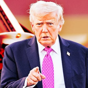 A photo illustration of Donald Trump pointing while he walks to Air Force One at Morristown Airport on Sept. 14, 2025 in New Jersey.