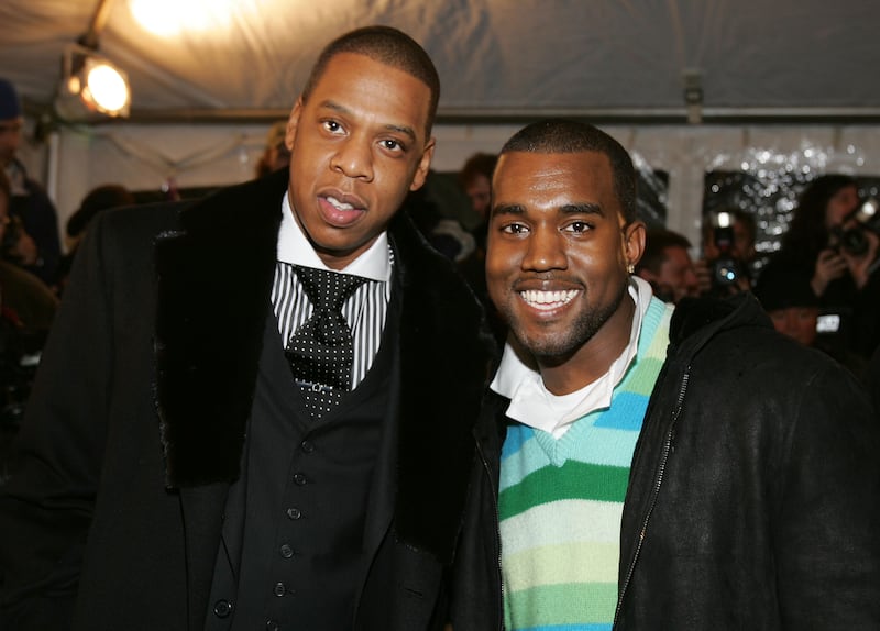 Jay-Z and Kanye West arrive for the world premiere of concert film Jay-Z "Fade to Black", November 4, 2004 at the Zigfield theater in New York City.