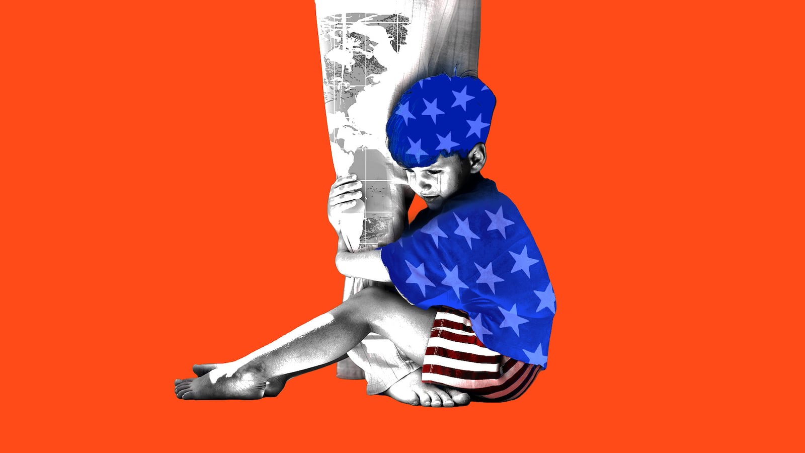 American child holding their parent's legs