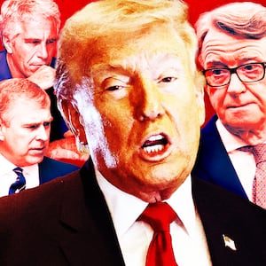 A photo illustration of Trump with Epstein, Prince Andrew, and Peter Mandelson.