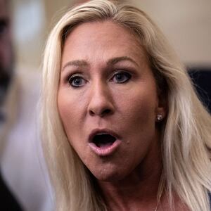 US Representative Marjorie Taylor Greene speaks  at the US Capitol on May 7, 2024, in Washington, DC.