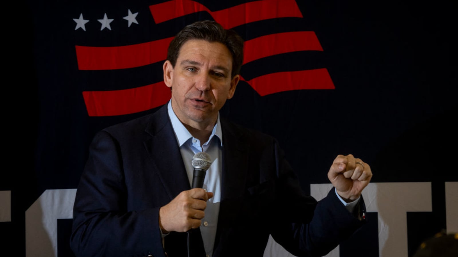 Florida Governor and 2024 Republican presidential hopeful Ron DeSantis speaks at a campaign event in Iowa.
