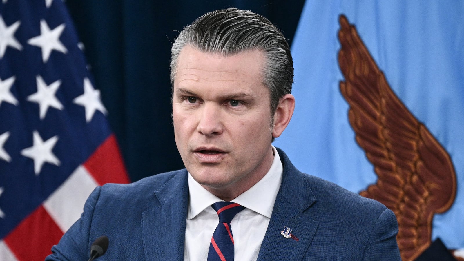US Defense Secretary Pete Hegseth speaks during a press conference on US military action in Iran, at the Pentagon in Washington, DC, on March 2, 2026. The United States hit hundreds of targets across Iran, and Israel expanded its bombing to Lebanon on Monday as President Donald Trump vowed to avenge the first US deaths in the war he launched to topple Tehran's ruling clerics. Iranian forces fired missiles and drones across the Middle East, killing people in Israel and the United Arab Emirates, in retaliation for the conflict that began February 28 with the death of Iran's supreme leader, Ayatollah Ali Khamenei. (Photo by Brendan SMIALOWSKI / AFP via Getty Images)