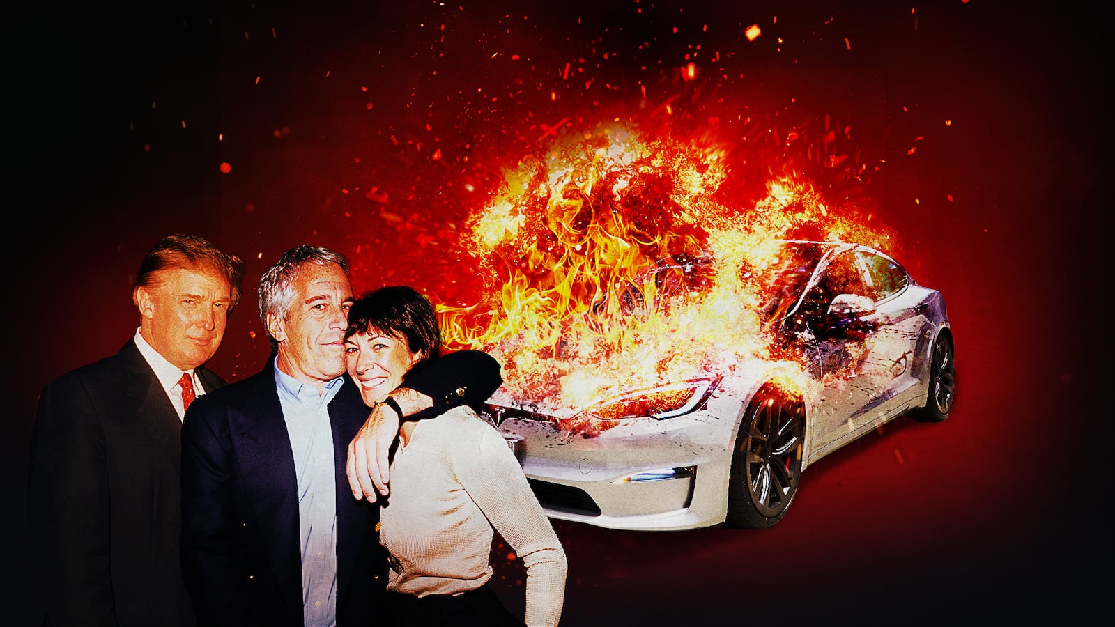 Donald Trump, Jeffrey Epstein and Ghislaine Maxwell in front of a Tesla fire.