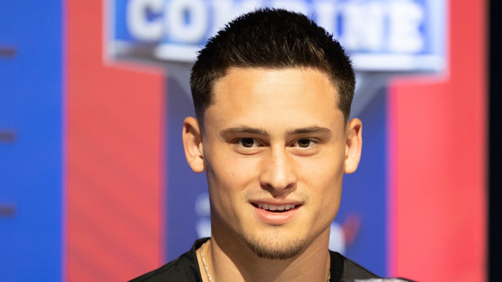 San Diego State place kicker Matt Araiza (PK01) talks to the media during the 2022 NFL Scouting Combine.