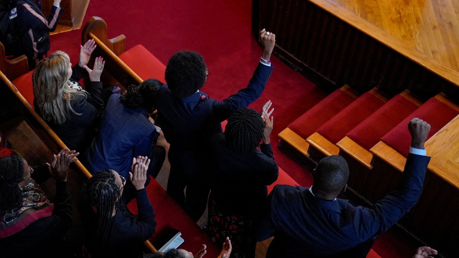 Representative Justin Pearson gestures ahead of an address by U.S. Vice President Kamala Harris at Fisk Memorial Chapel a day after the Tennessee House of Representatives voted to expel two Democratic members.