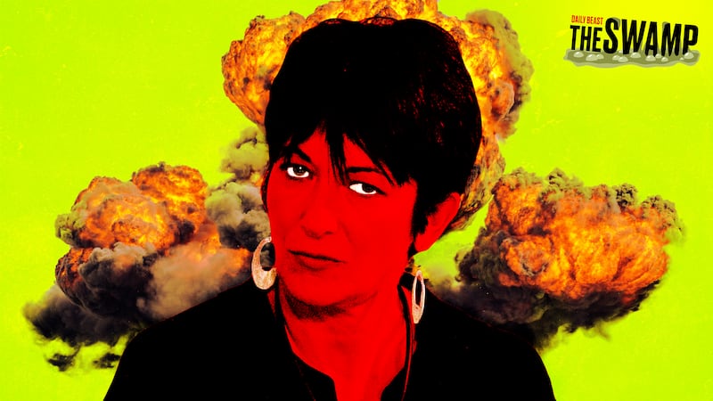 A photo illustration of Ghislaine Maxwell with an explosion behind her for The Swamp.