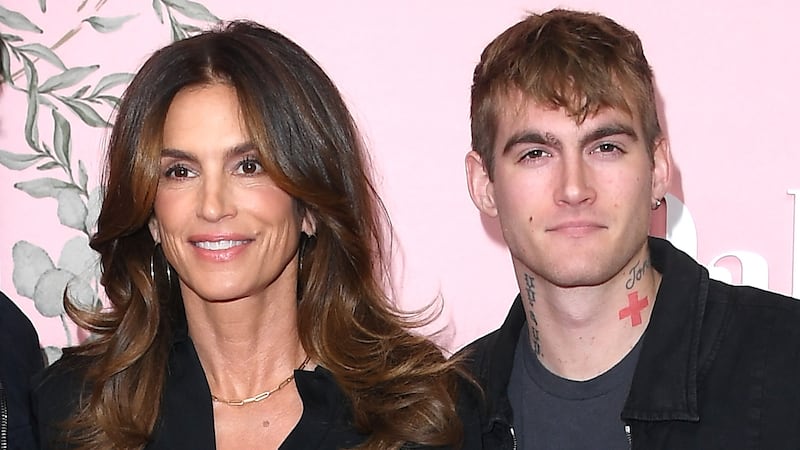 Rande Gerber, Cindy Crawford and Presley Gerber arrives at the World Premiere Of Apple TV+'s "Palm Royale"  at Samuel Goldwyn Theater on March 14, 2024 in Beverly Hills, California.