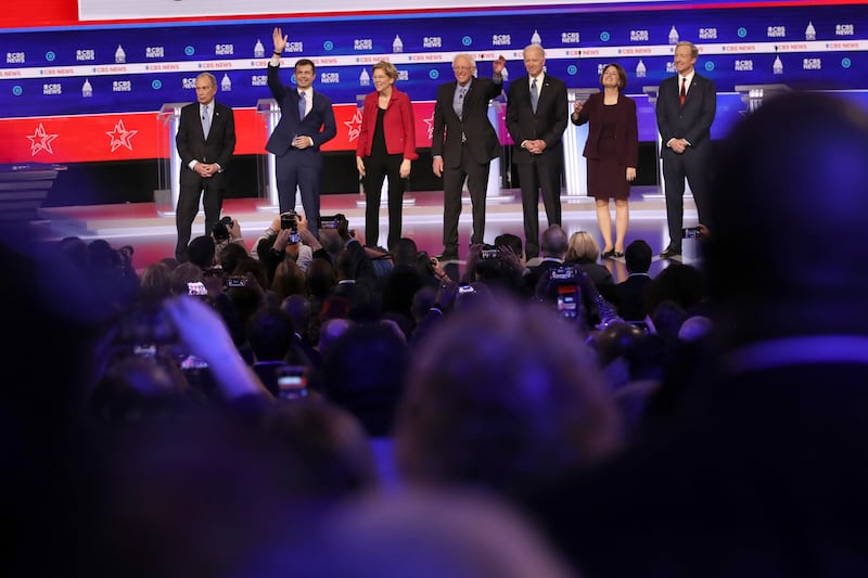 From left: Democratic presidential candidates Mike Bloomberg, Pete Buttigieg, Sen. Elizabeth Warren, Sen. Bernie Sanders (I-VT), former Vice President Joe Biden, Sen. Amy Klobuchar (D-MN), and Tom Steyer are pictured on stage prior to the Democratic presidential primary debate on February 25, 2020 in Charleston, South Carolina.