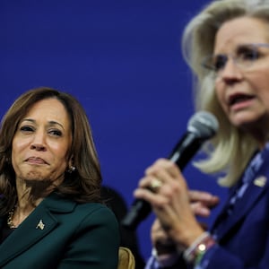Harris looks on as Cheney speaks.