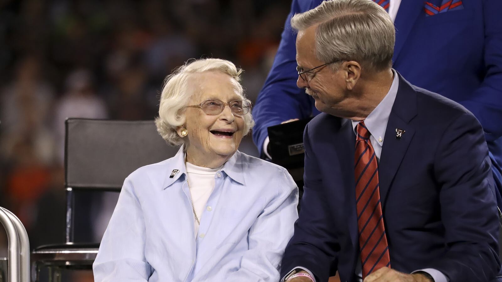 Virginia McCaskey looks up at Bears Chairman George McCaskey before Brian Urlacher was awarded with a ring of excellence during halftime between the Bears and the Seattle Seahawks at Soldier Field in Chicago on Sept. 17, 2018. (Armando L. Sanchez/Chicago Tribune/Tribune News Service via Getty Images)