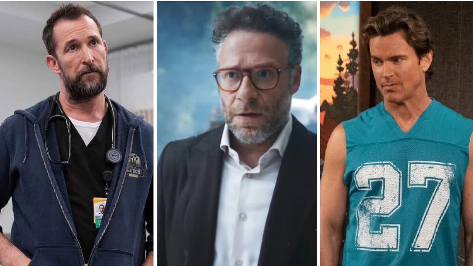 Noah Wyle in 'The Pitt,' Seth Rogen in 'The Studio,' and Matt Bomer in 'Mid-Century Modern'