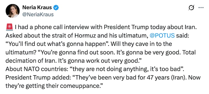 Neria Kraus' X post about her interview with Donald Trump