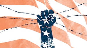 A fist grabbing barb wire. illo