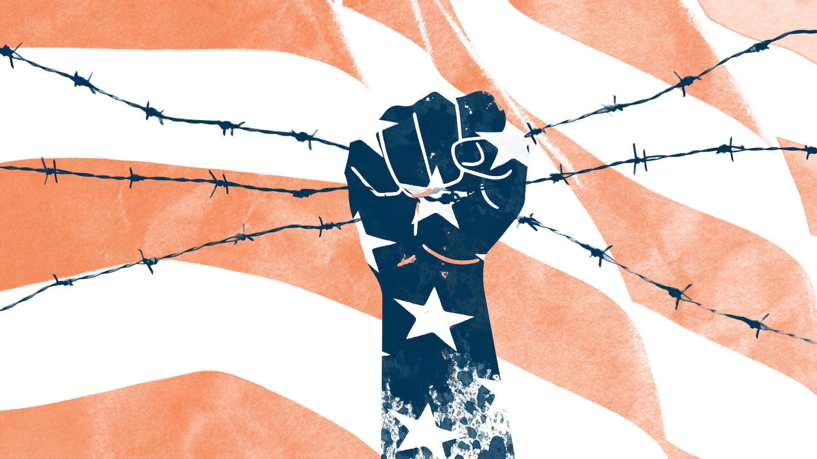 A fist grabbing barb wire. illo