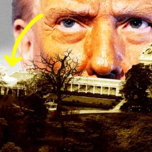 Donald Trump behind the White House with an arrow pointing out the Oval Office