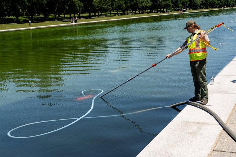 A U.S. National Park Service worker cleans algae from the Lincoln Memorial Reflecting Pool