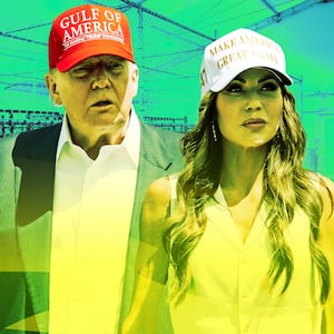 A photo illo illustration of Donald Trump, Kristi Noem, and Alligator Alcatraz in Florida.