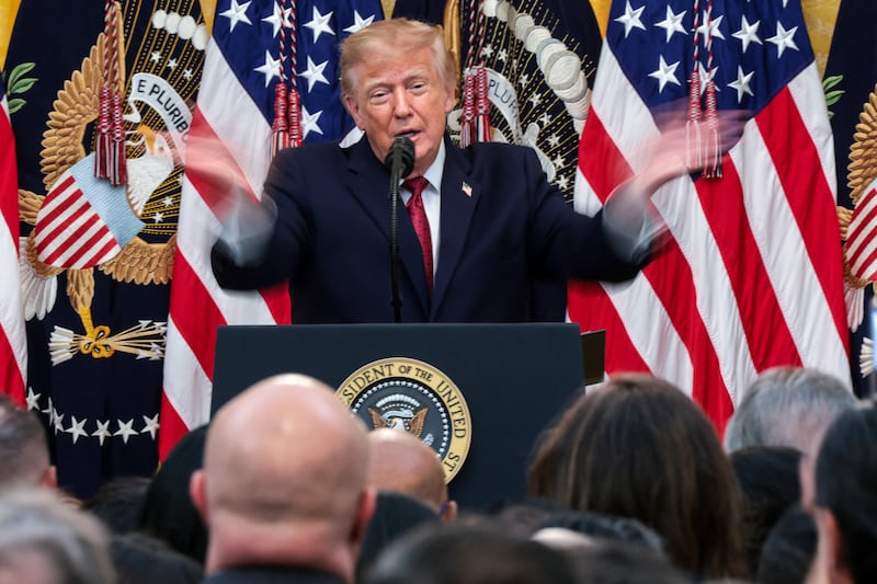US President Donald Trump gestures as he speaks during a Hispanic Heritage Month reception in the East Room at the White House in Washington, D.C., US, September 30, 2026. REUTERS/Jonathan Ernst