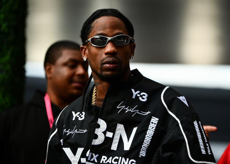 LAS VEGAS, NEVADA - NOVEMBER 22: Travis Scott arrives in the Paddock prior to the F1 Grand Prix of Las Vegas at Las Vegas Strip Circuit on November 22, 2025 in Las Vegas, Nevada. (Photo by James Sutton - Formula 1/Formula 1 via Getty Images)