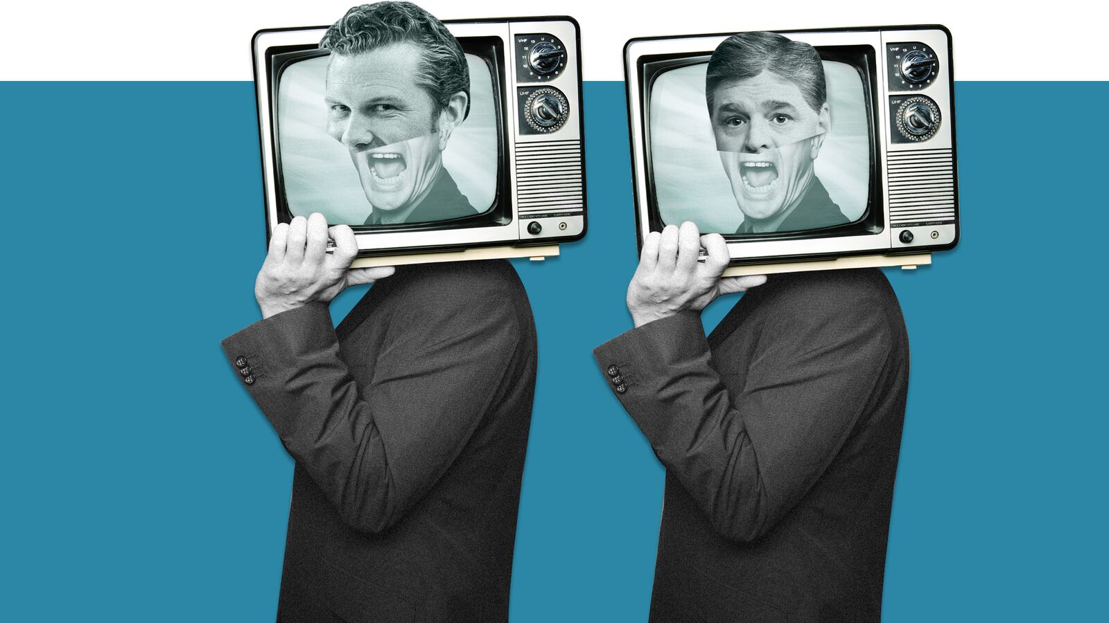 image of sean hannity and pete hegseth in black and white on tv in 50s style dancing with teal background Sean Hannity Laura Ingraham Fox & Friends Pete Hegseth Ainsley Earhardt