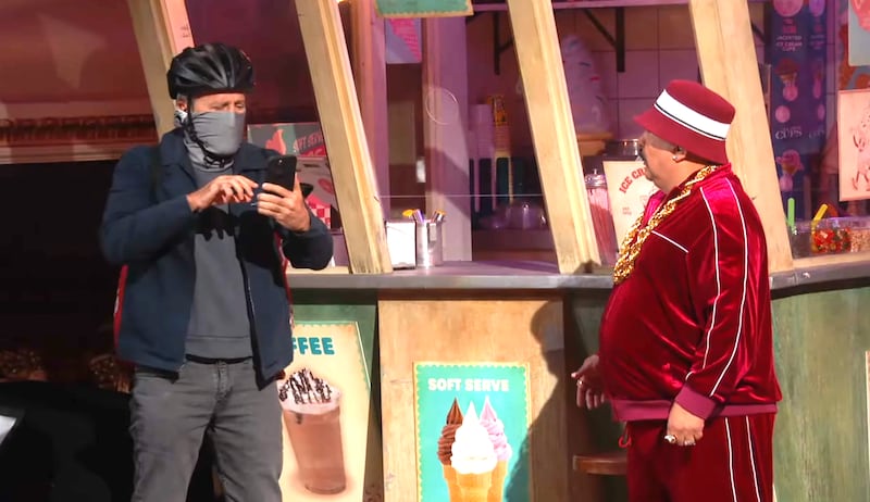 The Daily Show, Jon Stewart working as a Grubhub delivery man for Guillermo.
